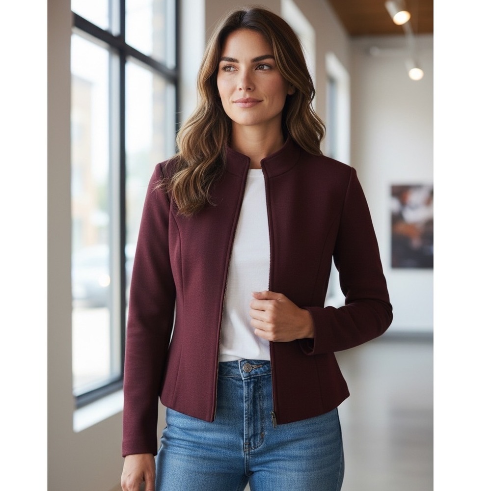 Charles Chang-Lima‎ Womens Burgundy Zip Front Stand Collar Tailored Jacket NEW L